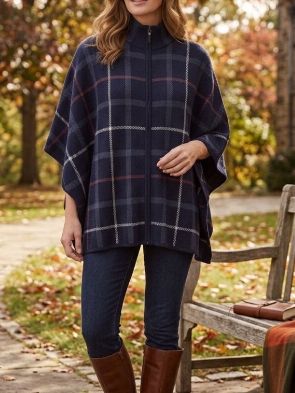 Tahari Black, White and Red Tartan Poncho Size S / M Cape Jacket